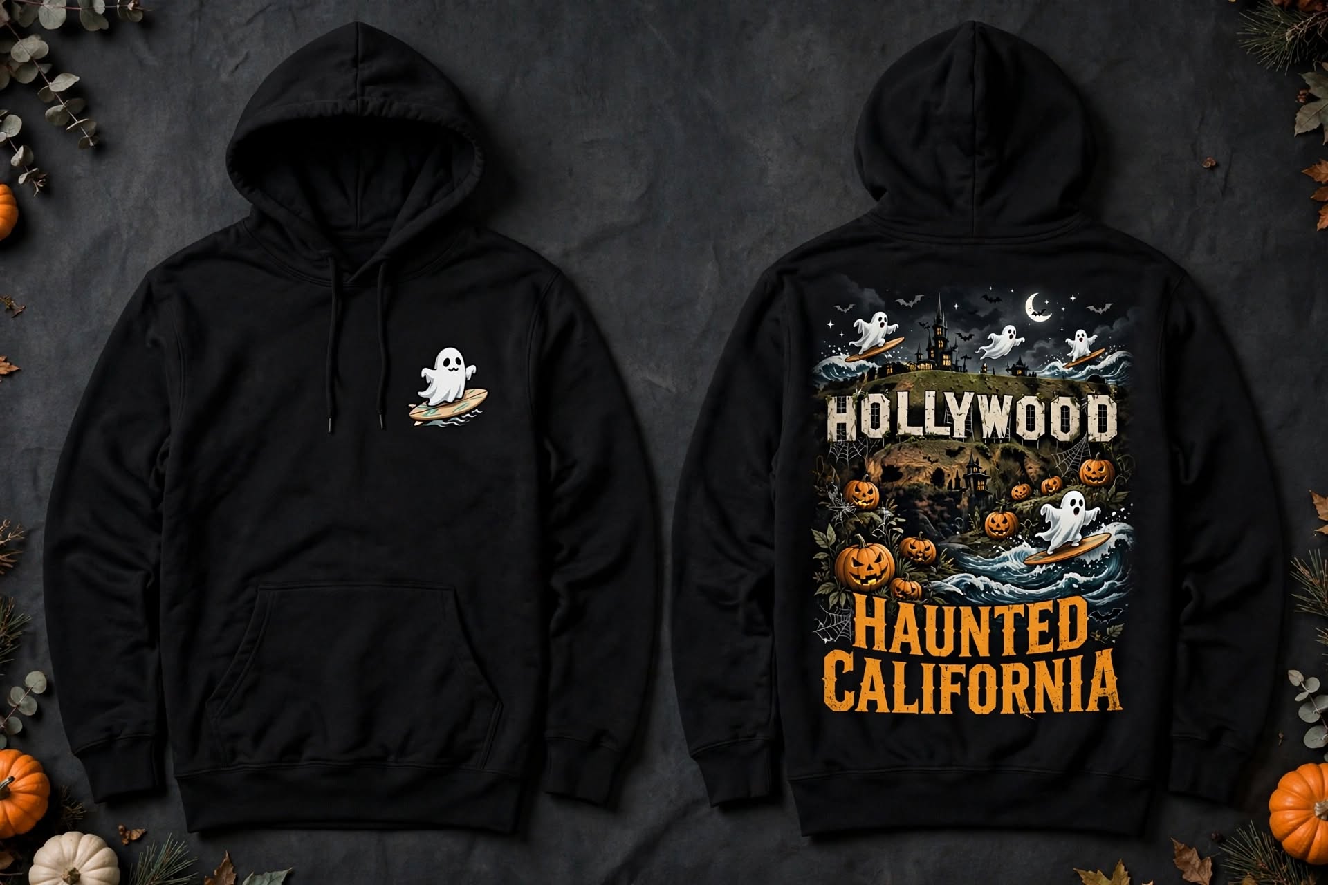 Haunted California black hoodie, front and back print