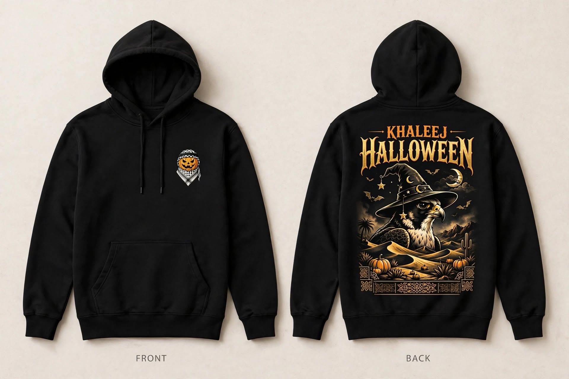 Khaleej Halloween black hoodie, front and back print