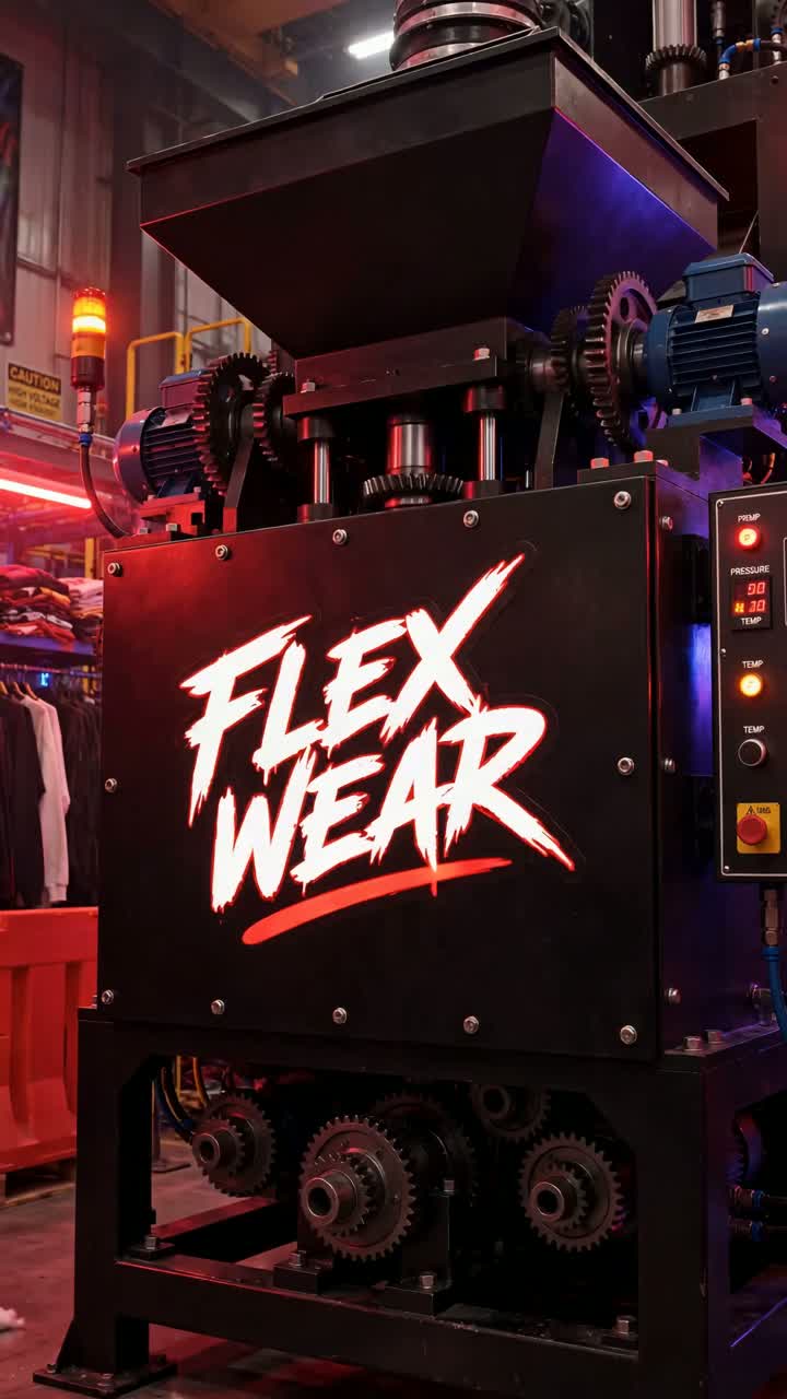 FLEX WEAR factory machine with branded print under red industrial light