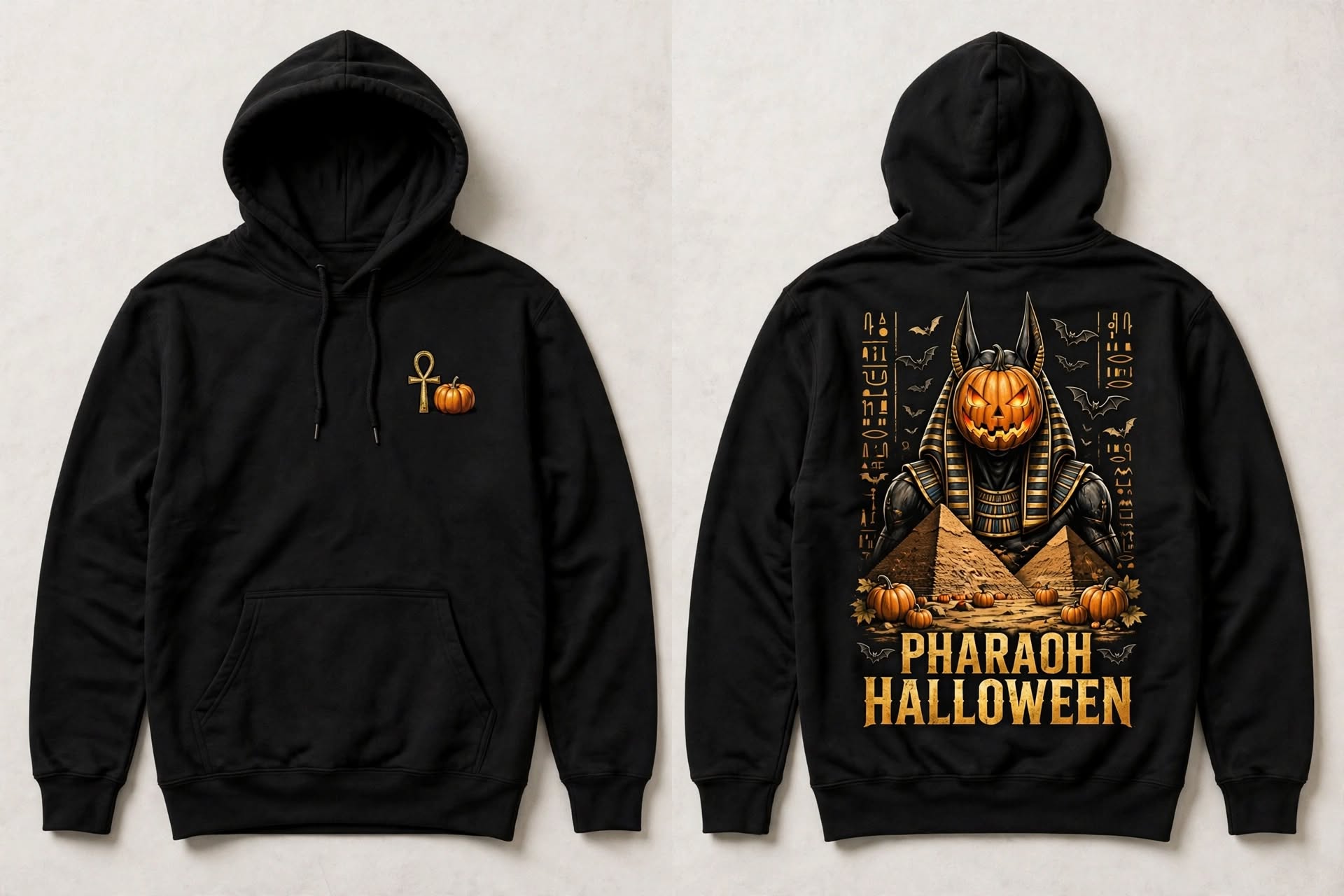 Pharaoh Halloween black hoodie, front and back print