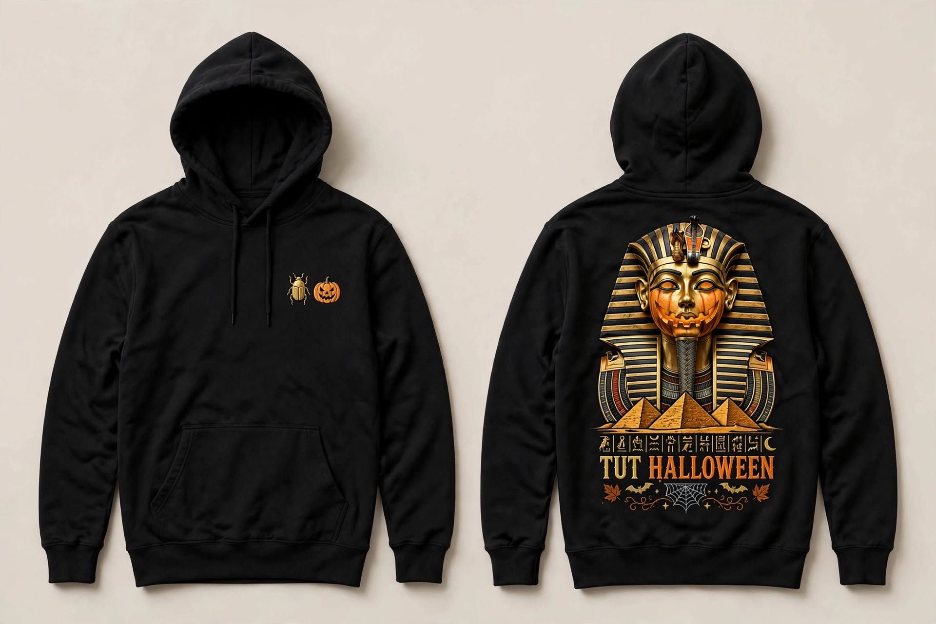 Tut Halloween black hoodie, front and back print